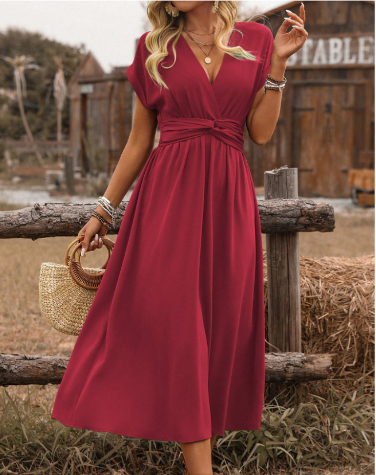 Women's Wedding Guest Maxi Dress – V-Neck Cinched Waist Flowy Dress