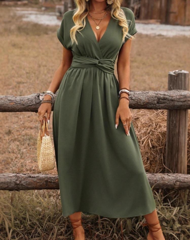 Women's Wedding Guest Maxi Dress – V-Neck Cinched Waist Flowy Dress