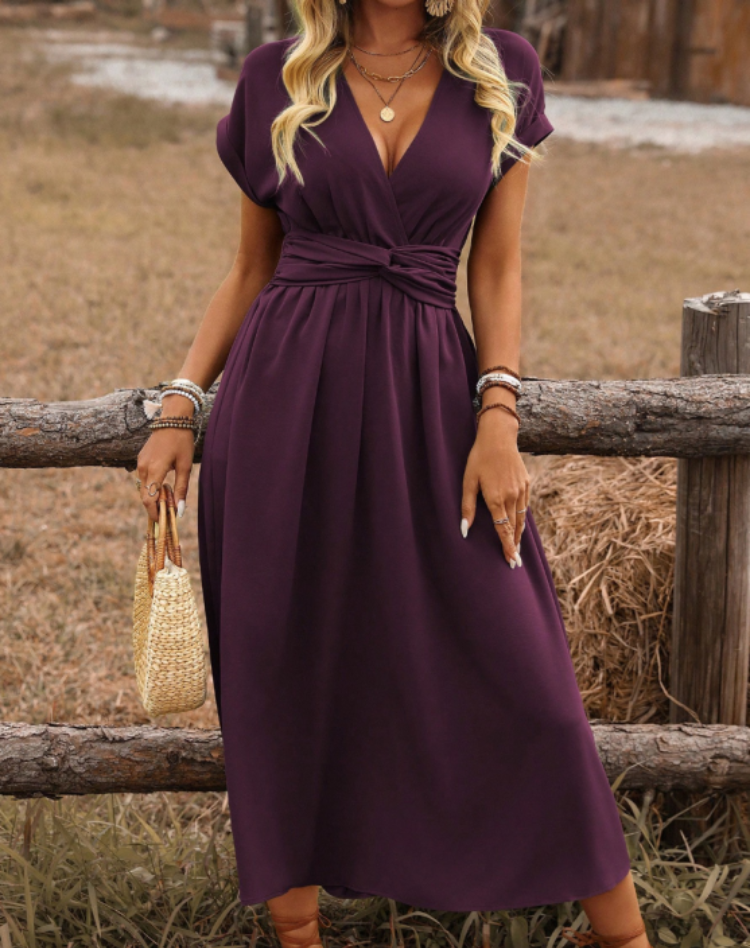Women's Wedding Guest Maxi Dress – V-Neck Cinched Waist Flowy Dress