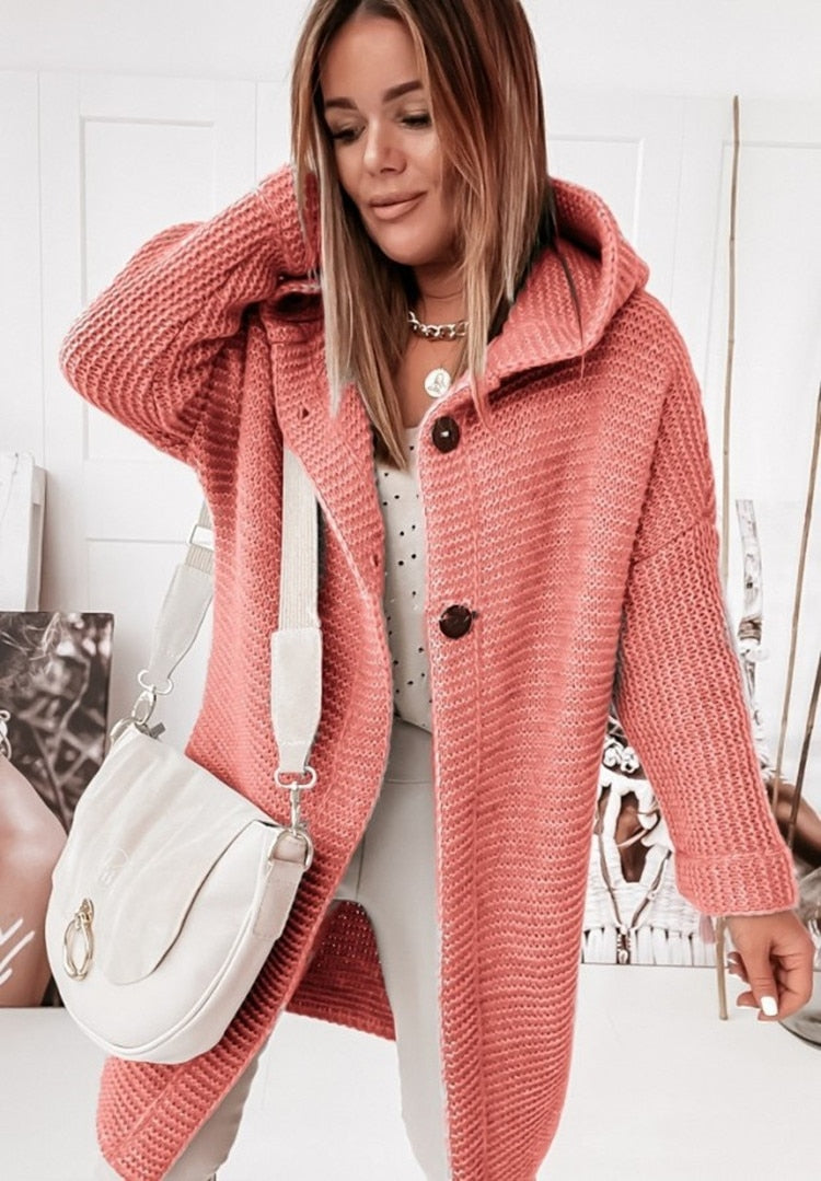 Women's Long Hooded Cardigan – Oversized Knit Sweater Coat