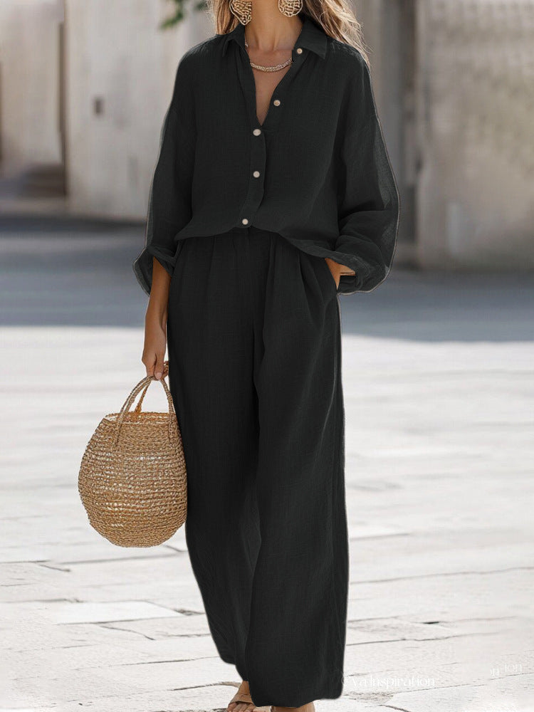 Women's Oversized Co-Ord Set – Long Sleeve Top & Wide Leg Pants Set