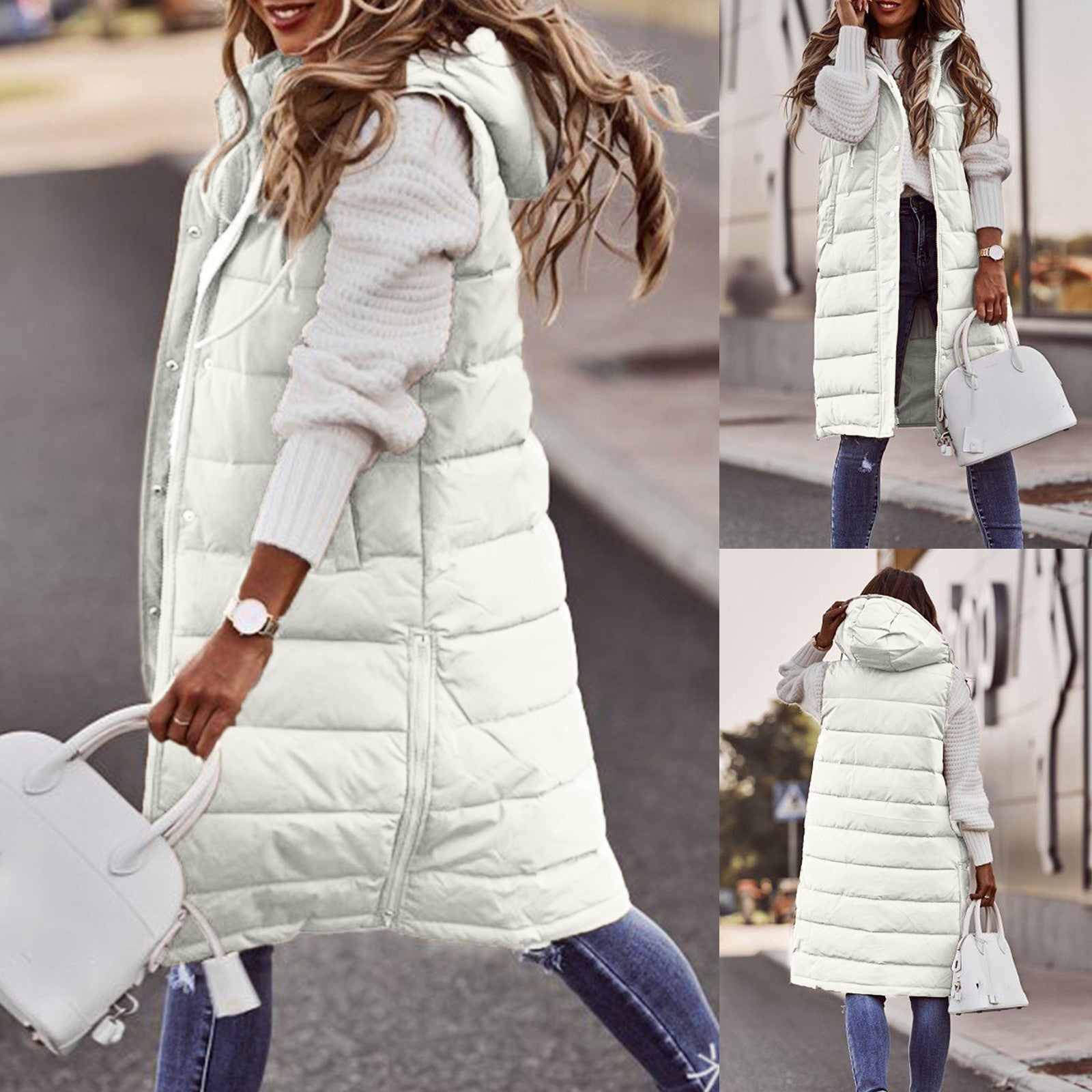 Women's Sleeveless Long Puffer Vest – Hooded Quilted Pocket Bodywarmer