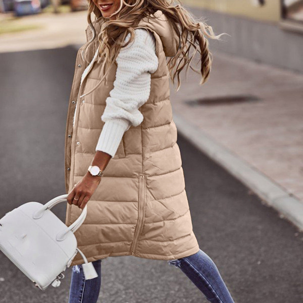 Women's Sleeveless Long Puffer Vest – Hooded Quilted Pocket Bodywarmer
