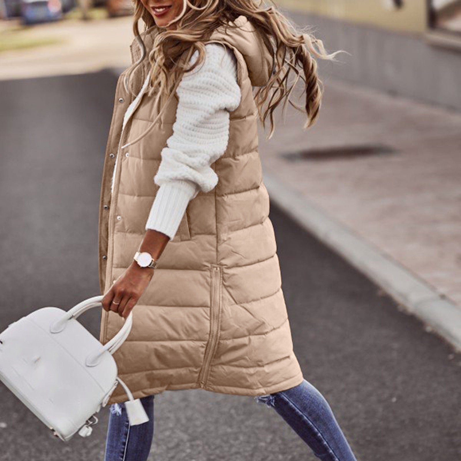 Women's Sleeveless Long Puffer Vest – Hooded Quilted Pocket Bodywarmer