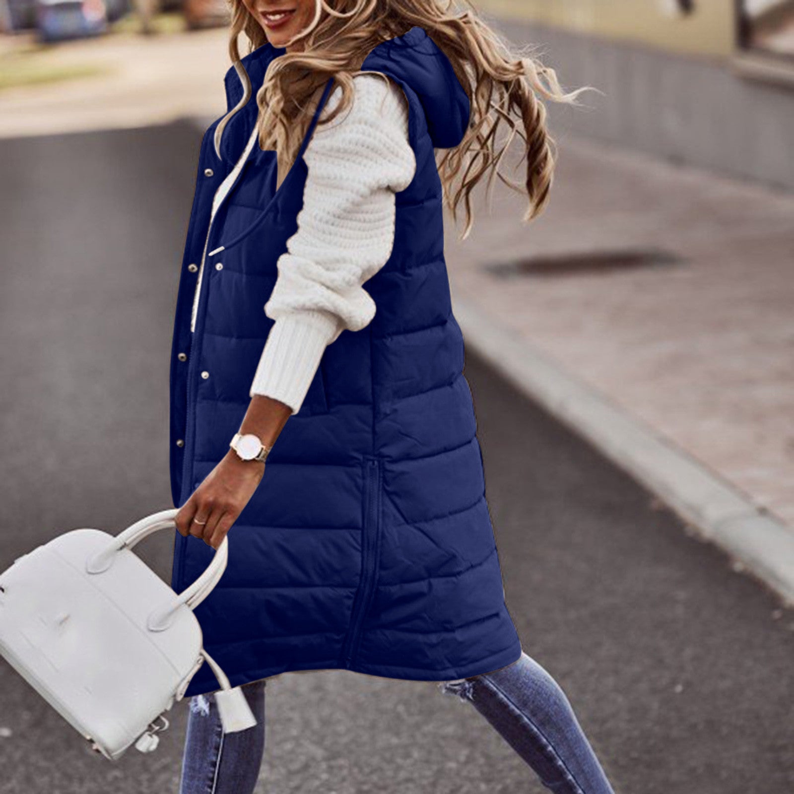 Women's Sleeveless Long Puffer Vest – Hooded Quilted Pocket Bodywarmer