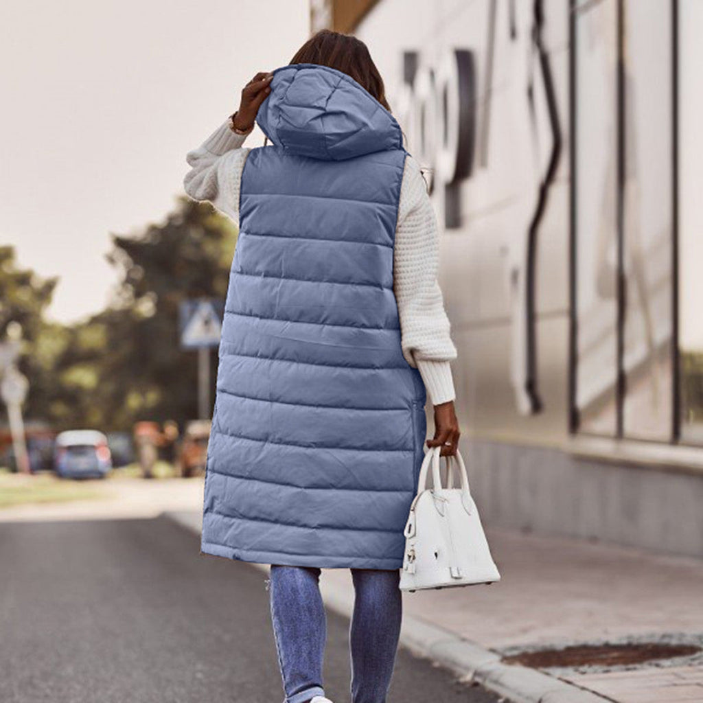 Women's Sleeveless Long Puffer Vest – Hooded Quilted Pocket Bodywarmer