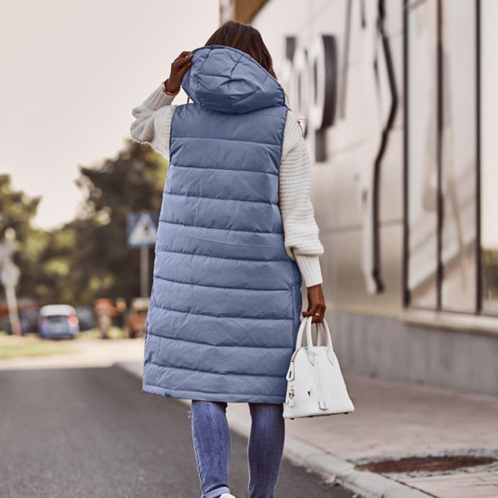Women's Sleeveless Long Puffer Vest – Hooded Quilted Pocket Bodywarmer