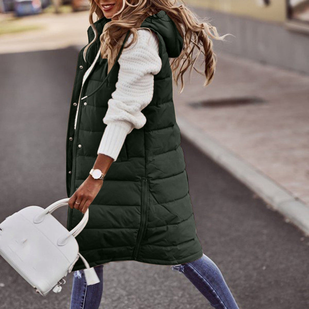 Women's Sleeveless Long Puffer Vest – Hooded Quilted Pocket Bodywarmer