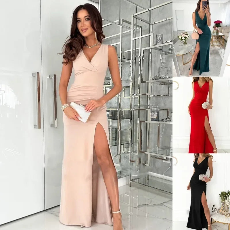 Women's Formal V-Neck Dress – Sleeveless Side Slit Occasion Dress