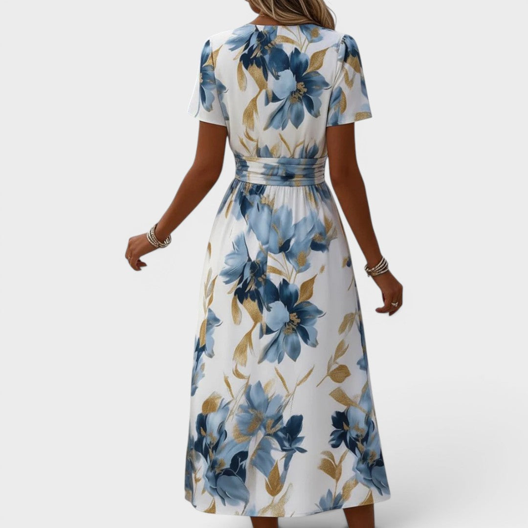 Women's Floral A-Line Midi Dress – V-Neck Gathered Waist Occasion Dress