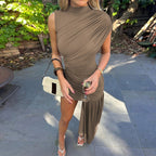 Women's Asymmetrical Draped Dress – High Neck Sash Detail Occasion Dress