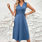 Women's Floral Pleated Midi Dress – Sleeveless V-Neck Dress