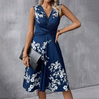 Women's Floral Pleated Midi Dress – Sleeveless V-Neck Dress