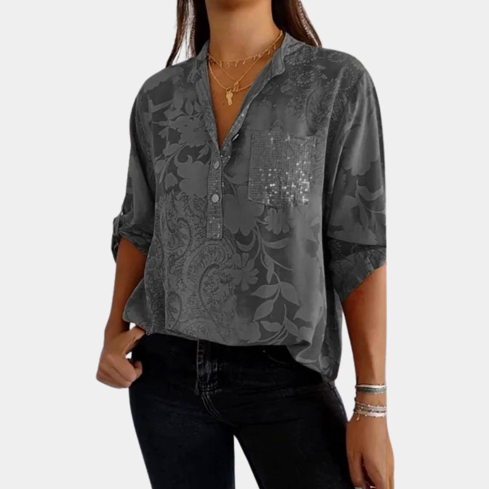 Women's Roll-Tab Sleeve Blouse – Relaxed Button Detail Long Sleeve Blouse