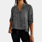 Women's Roll-Tab Sleeve Blouse – Relaxed Button Detail Long Sleeve Blouse