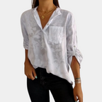Women's Roll-Tab Sleeve Blouse – Relaxed Button Detail Long Sleeve Blouse