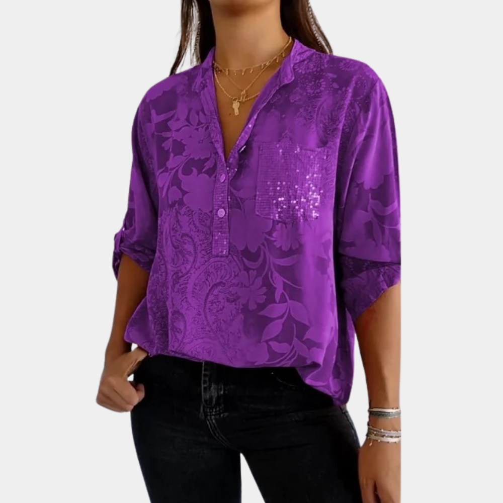 Women's Roll-Tab Sleeve Blouse – Relaxed Button Detail Long Sleeve Blouse