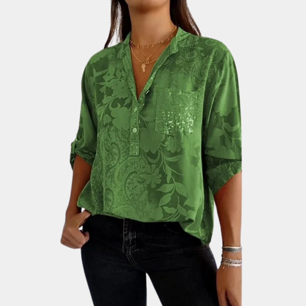 Women's Roll-Tab Sleeve Blouse – Relaxed Button Detail Long Sleeve Blouse