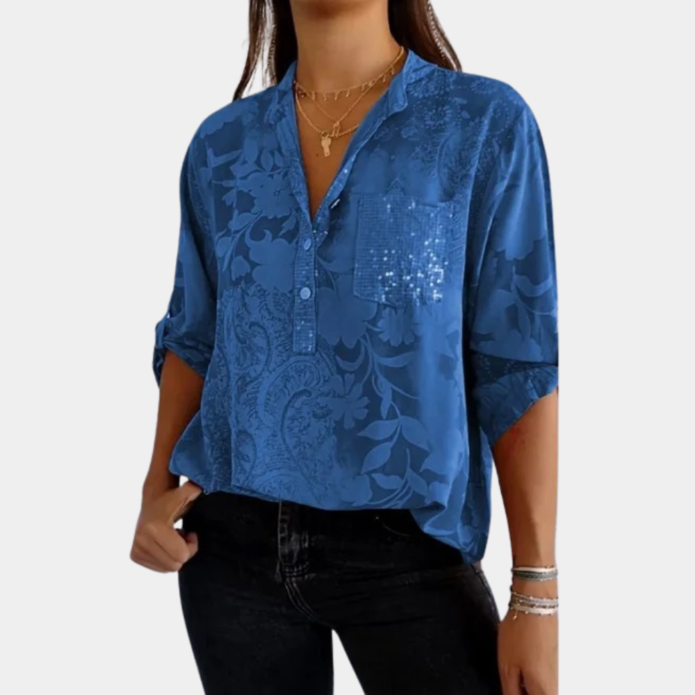 Women's Roll-Tab Sleeve Blouse – Relaxed Button Detail Long Sleeve Blouse