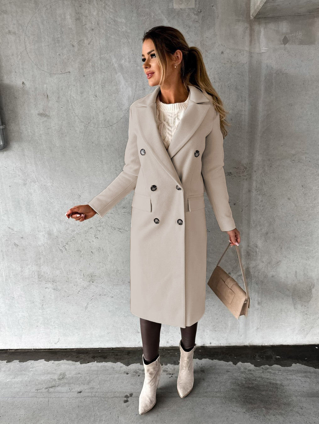 Women's Double-Breasted Long Coat – Tailored Winter Overcoat