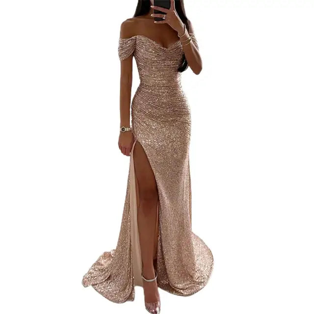 Women's High Slit Sequin Maxi Dress – Off-Shoulder Pleated Evening Gown