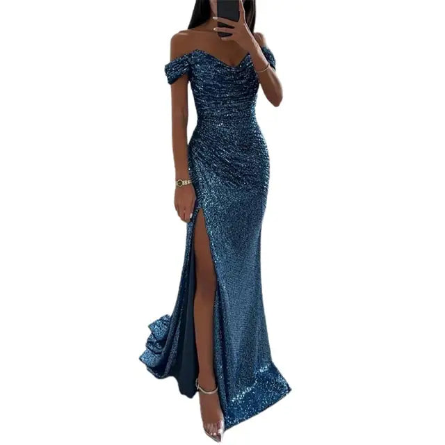 Women's High Slit Sequin Maxi Dress – Off-Shoulder Pleated Evening Gown