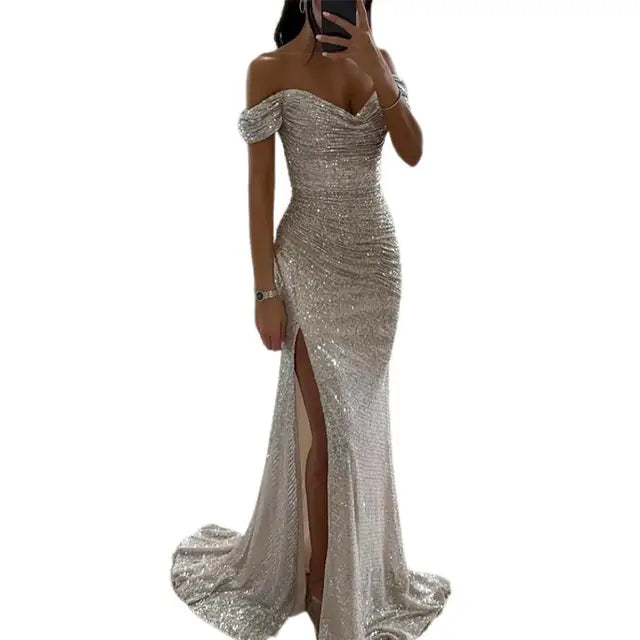 Women's High Slit Sequin Maxi Dress – Off-Shoulder Pleated Evening Gown