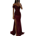 Women's High Slit Sequin Maxi Dress – Off-Shoulder Pleated Evening Gown