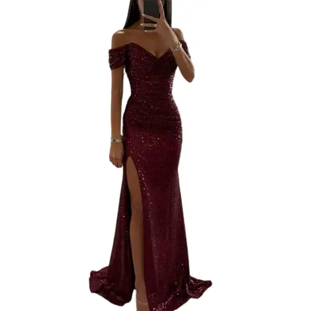 Women's High Slit Sequin Maxi Dress – Off-Shoulder Pleated Evening Gown