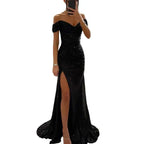 Women's High Slit Sequin Maxi Dress – Off-Shoulder Pleated Evening Gown