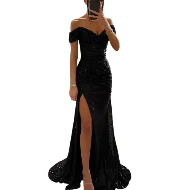 Women's High Slit Sequin Maxi Dress – Off-Shoulder Pleated Evening Gown
