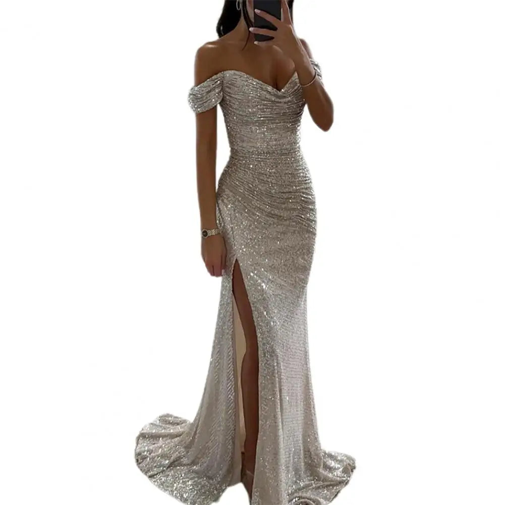 Women's High Slit Sequin Maxi Dress – Off-Shoulder Pleated Evening Gown