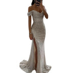 Women's High Slit Sequin Maxi Dress – Off-Shoulder Pleated Evening Gown