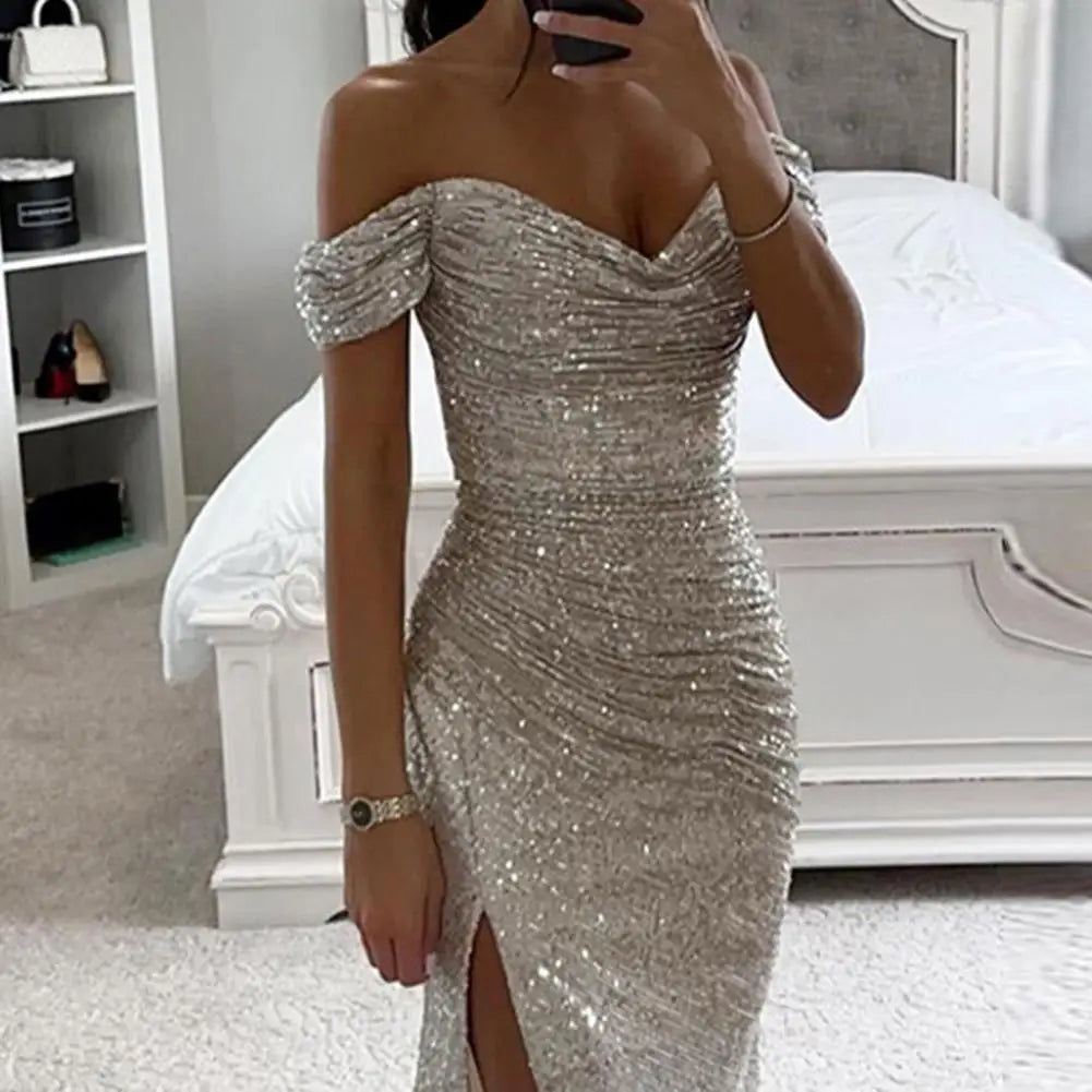Women's High Slit Sequin Maxi Dress – Off-Shoulder Pleated Evening Gown