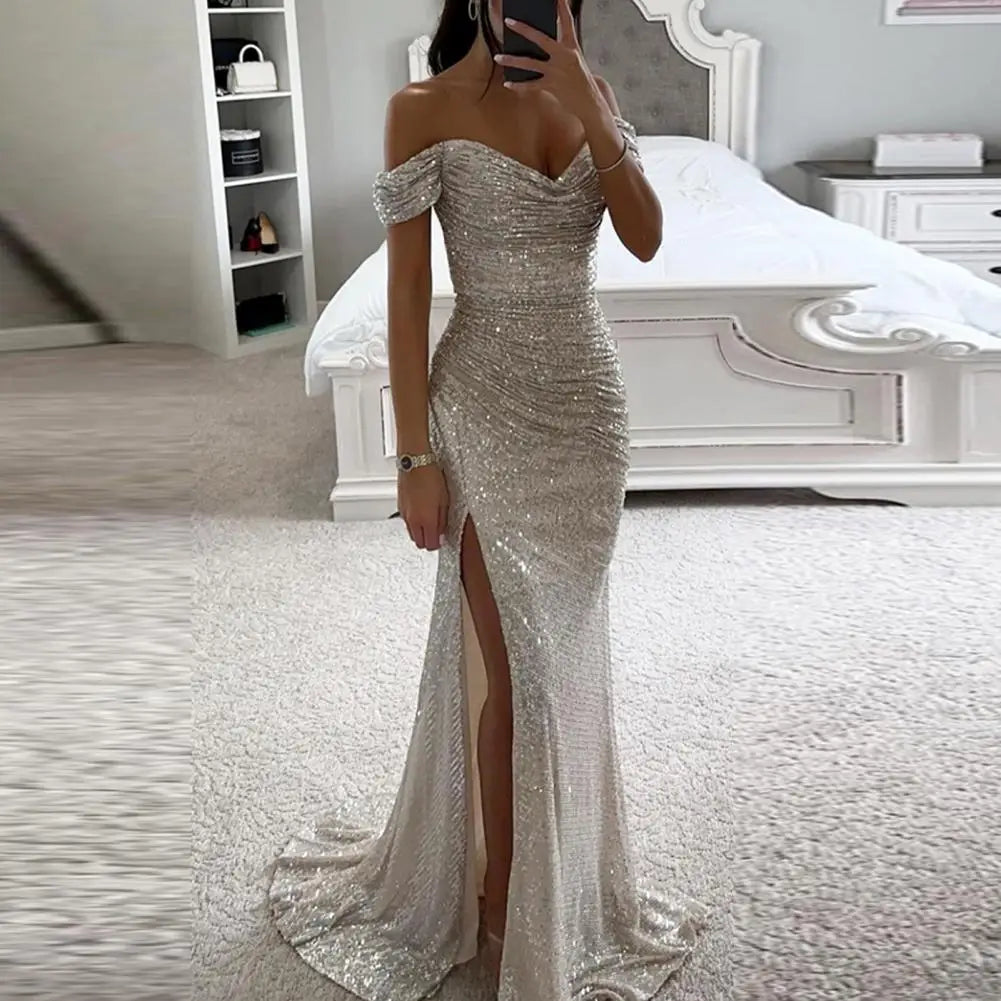 Women's High Slit Sequin Maxi Dress – Off-Shoulder Pleated Evening Gown