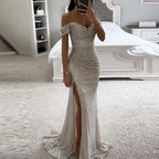 Women's High Slit Sequin Maxi Dress – Off-Shoulder Pleated Evening Gown