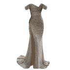 Women's High Slit Sequin Maxi Dress – Off-Shoulder Pleated Evening Gown