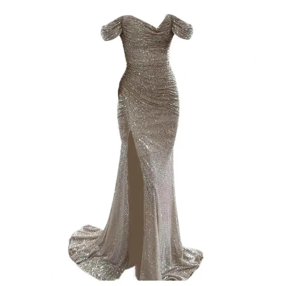 Women's High Slit Sequin Maxi Dress – Off-Shoulder Pleated Evening Gown