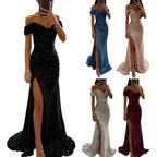 Women's High Slit Sequin Maxi Dress – Off-Shoulder Pleated Evening Gown