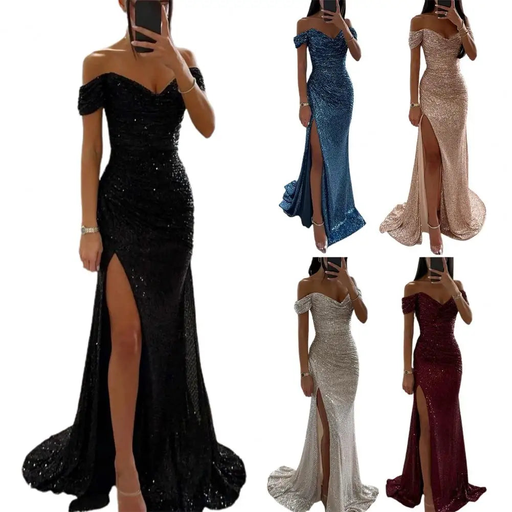 Women's High Slit Sequin Maxi Dress – Off-Shoulder Pleated Evening Gown