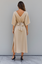 Women's Evening V-Neck Maxi Dress – Belted Batwing Sleeve High Slit Gown