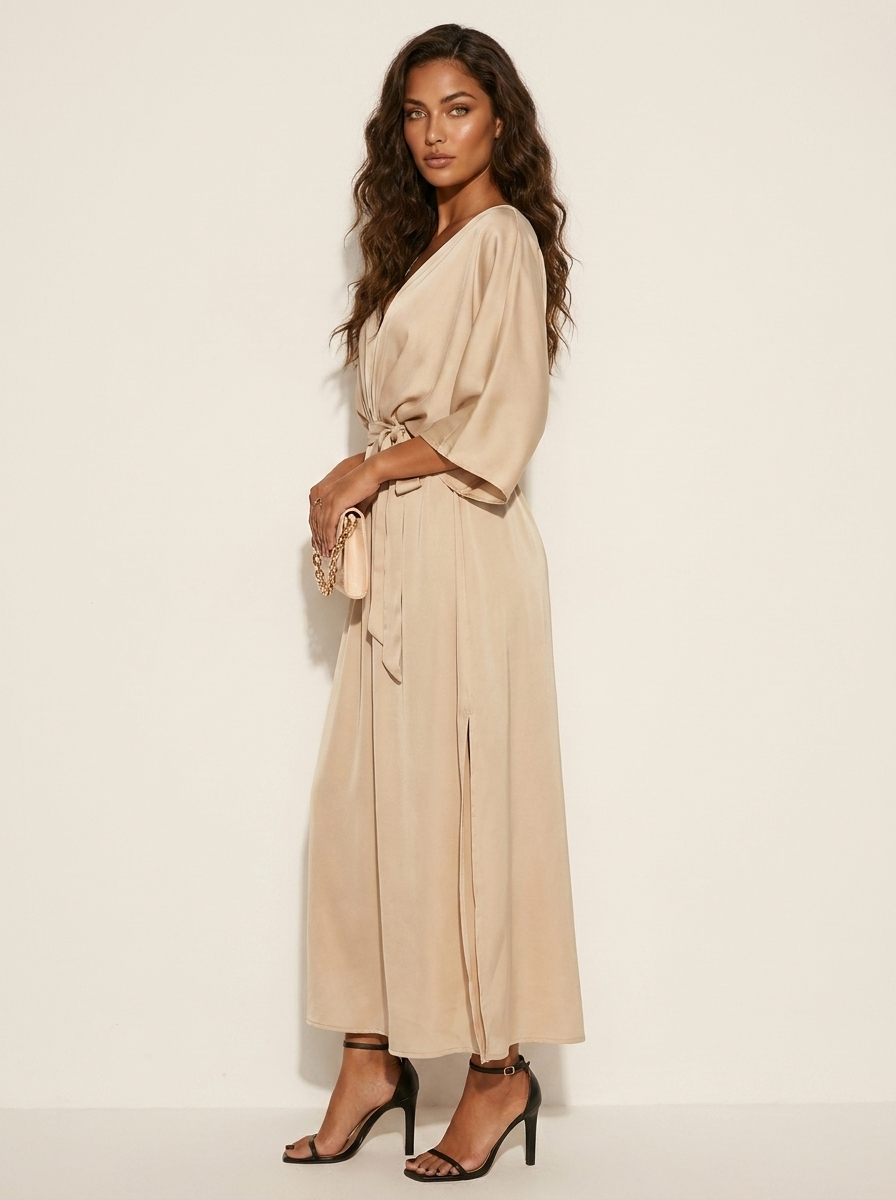 Women's Evening V-Neck Maxi Dress – Belted Batwing Sleeve High Slit Gown