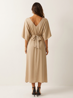 Women's Evening V-Neck Maxi Dress – Belted Batwing Sleeve High Slit Gown