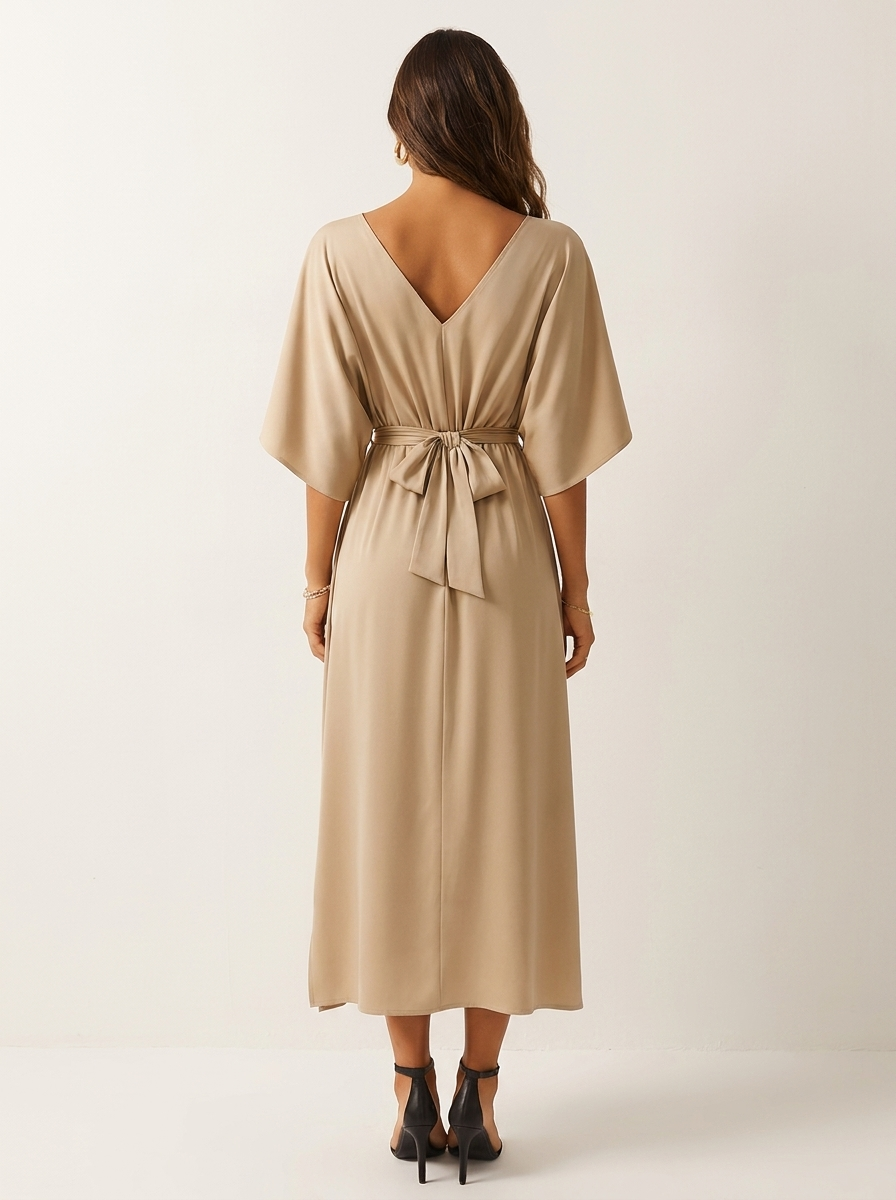 Women's Evening V-Neck Maxi Dress – Belted Batwing Sleeve High Slit Gown