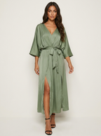 Women's Evening V-Neck Maxi Dress – Belted Batwing Sleeve High Slit Gown