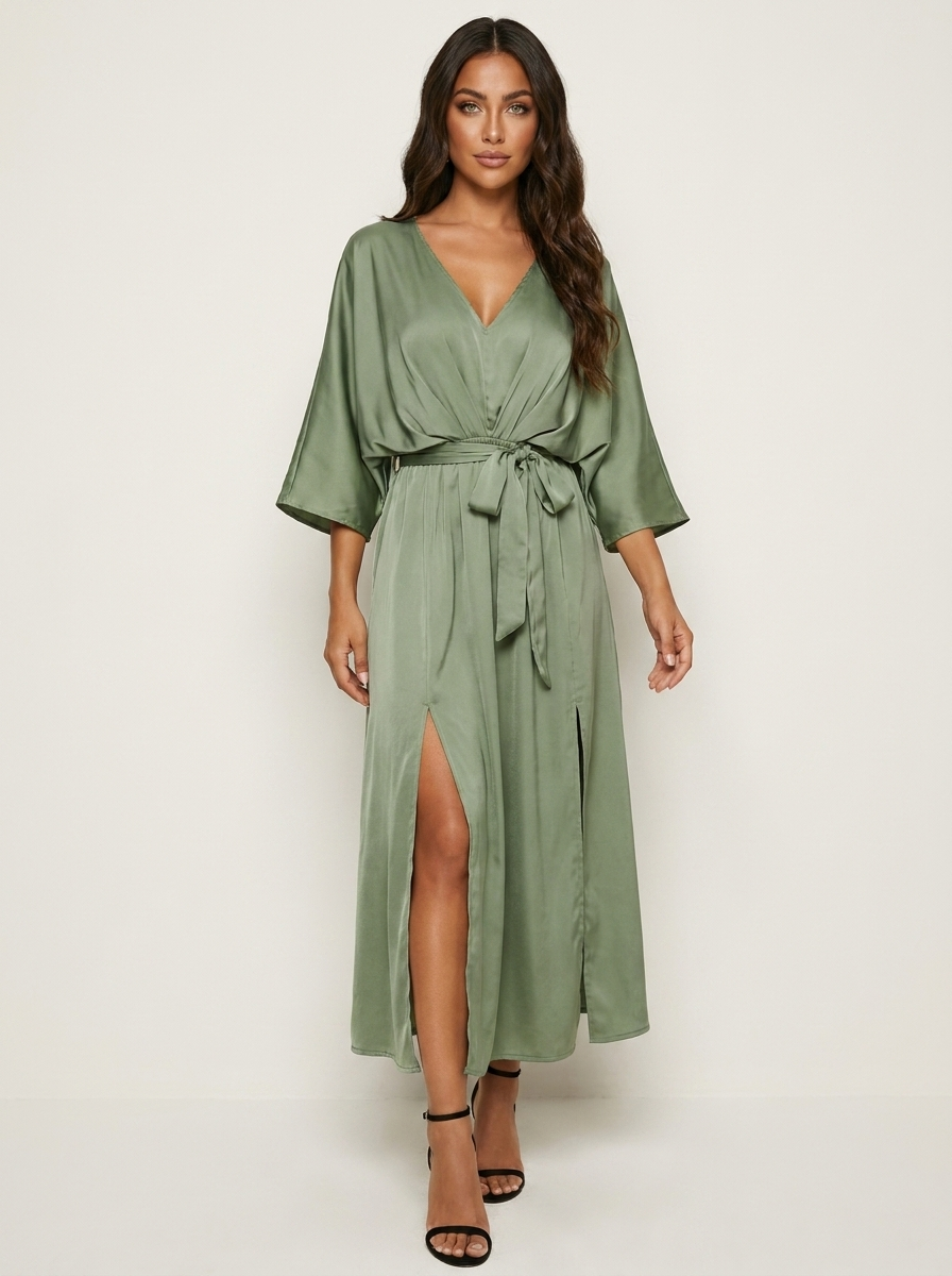 Women's Evening V-Neck Maxi Dress – Belted Batwing Sleeve High Slit Gown