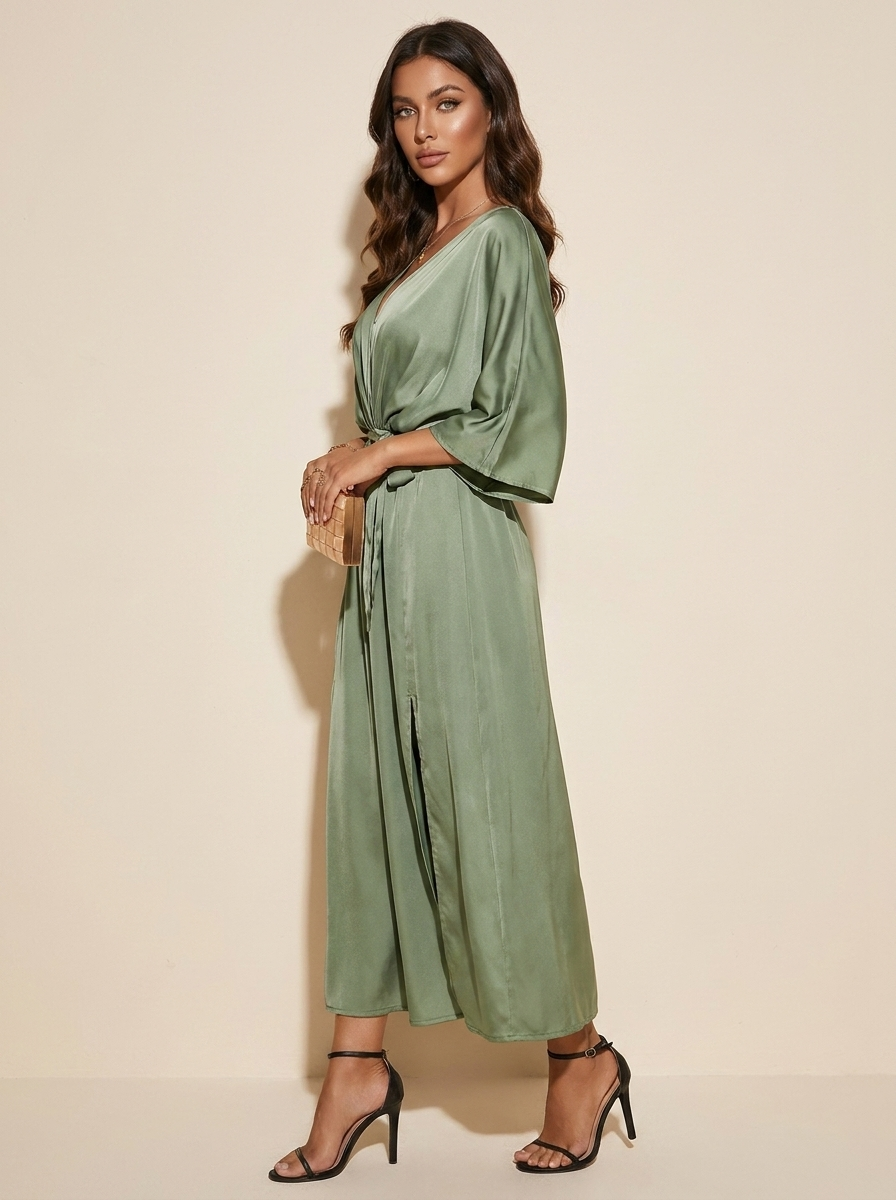 Women's Evening V-Neck Maxi Dress – Belted Batwing Sleeve High Slit Gown