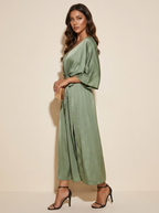 Women's Evening V-Neck Maxi Dress – Belted Batwing Sleeve High Slit Gown