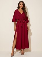 Women's Evening V-Neck Maxi Dress – Belted Batwing Sleeve High Slit Gown