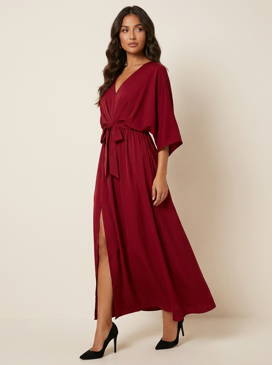 Women's Evening V-Neck Maxi Dress – Belted Batwing Sleeve High Slit Gown